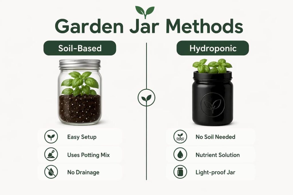 Infographic comparing soil-based and hydroponic garden jars