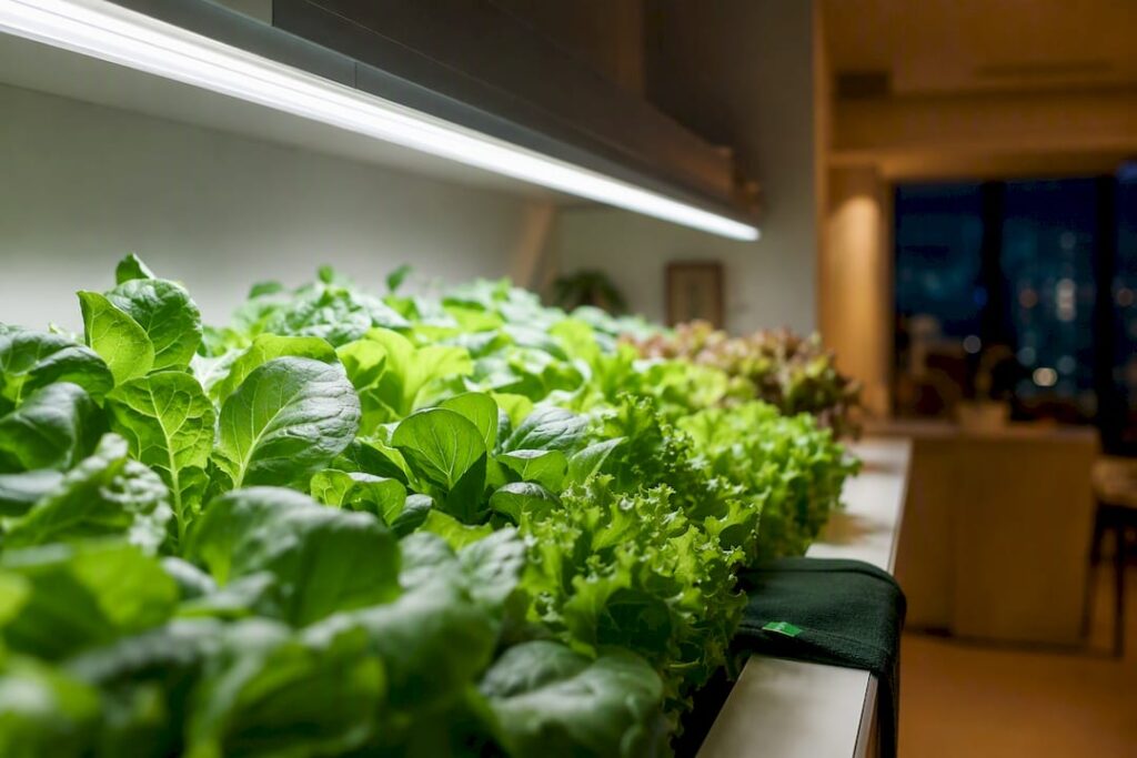 LED grow light strip illuminating a row of leafy greens in a home hydroponic system, a setup that keeps grow light electricity cost low.