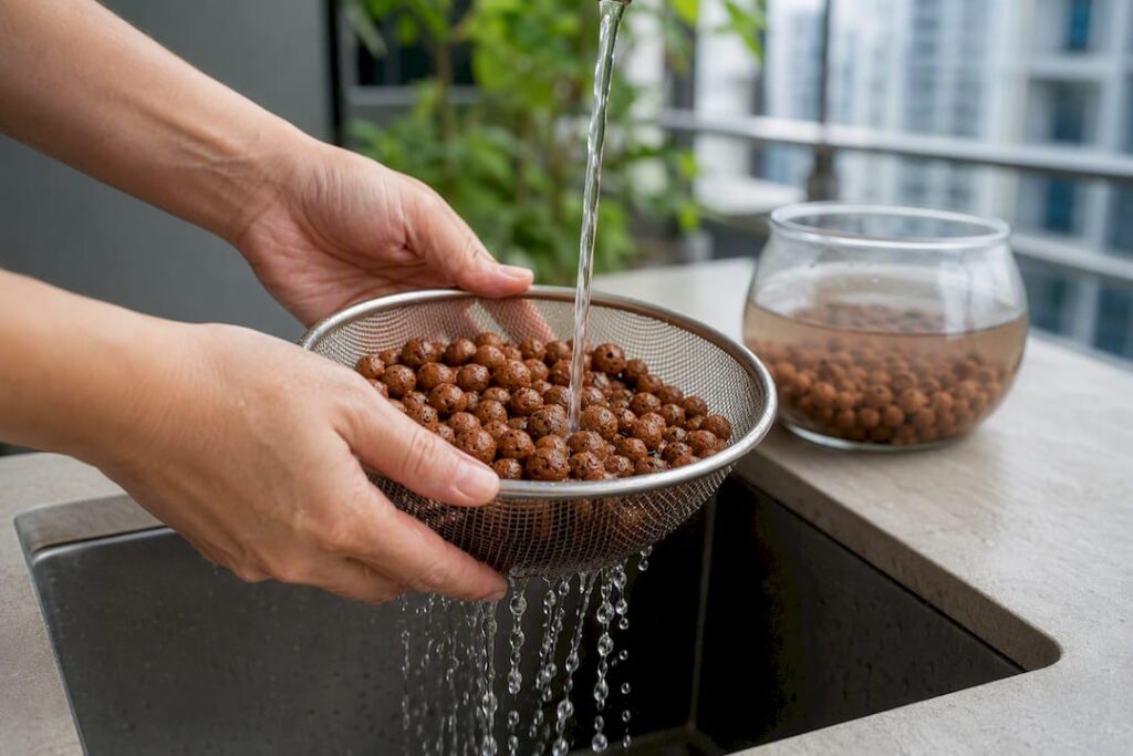 Hands rinsing reusable LECA clay pellets
