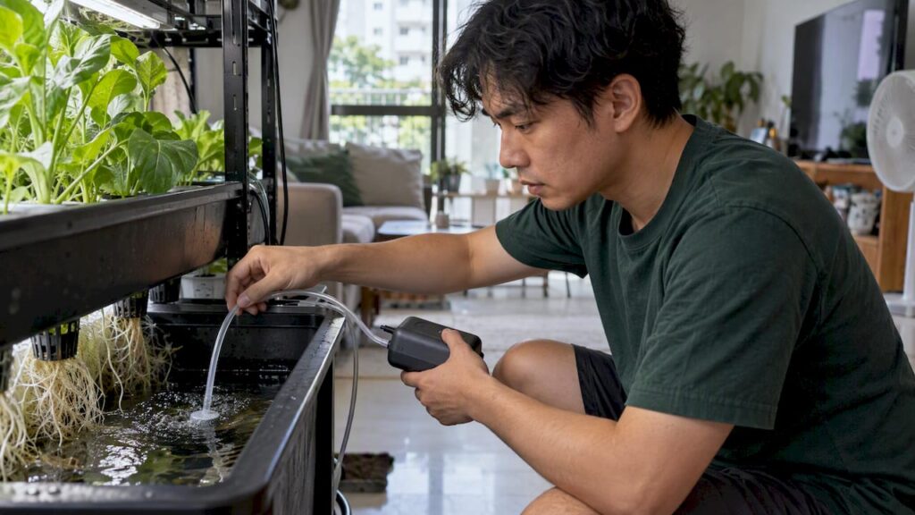 Grower using a battery-powered air pump to aerate a hydroponic reservoir during a power outage