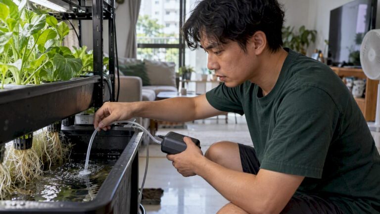 Grower using a battery-powered air pump to aerate a hydroponic reservoir during a power outage