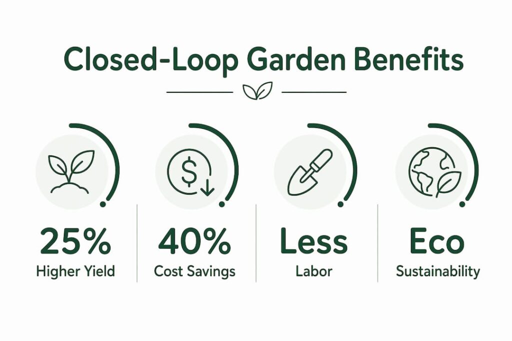 Infographic showing closed-loop garden benefits with stats