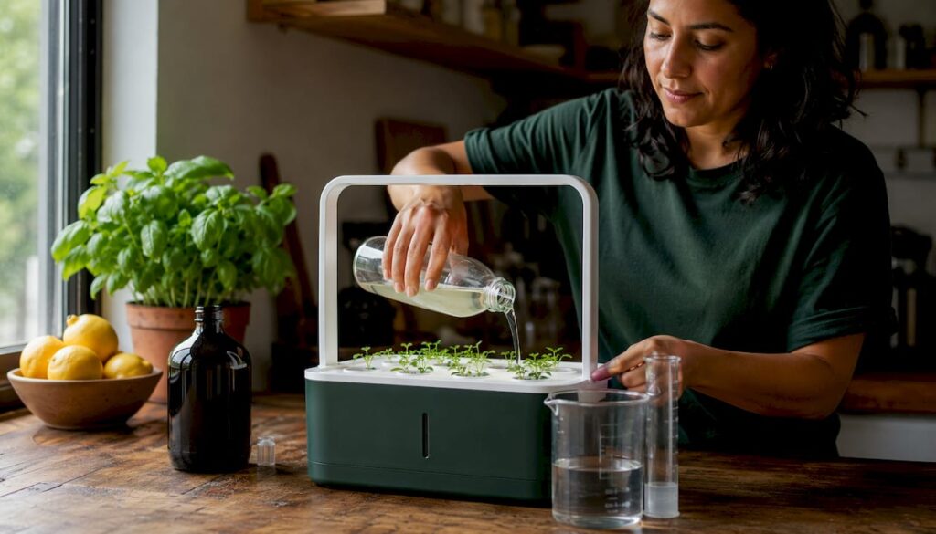 Hands adding nutrient to hydroponic system