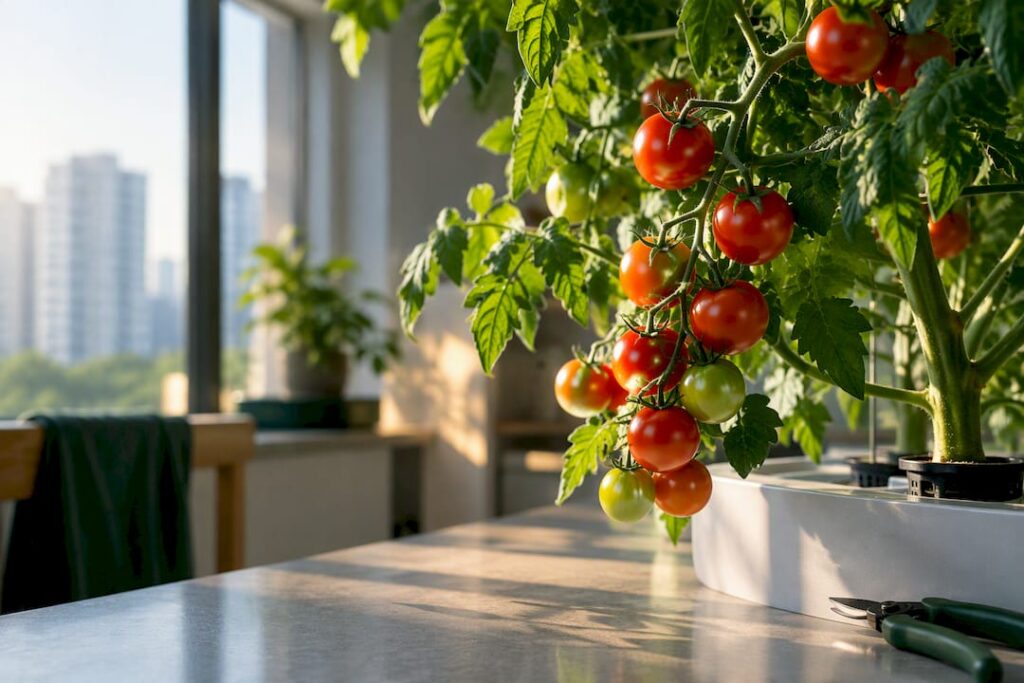 Cherry tomatoes ripening on a hydroponic plant grown indoors, an example of indoor tomato hydroponics