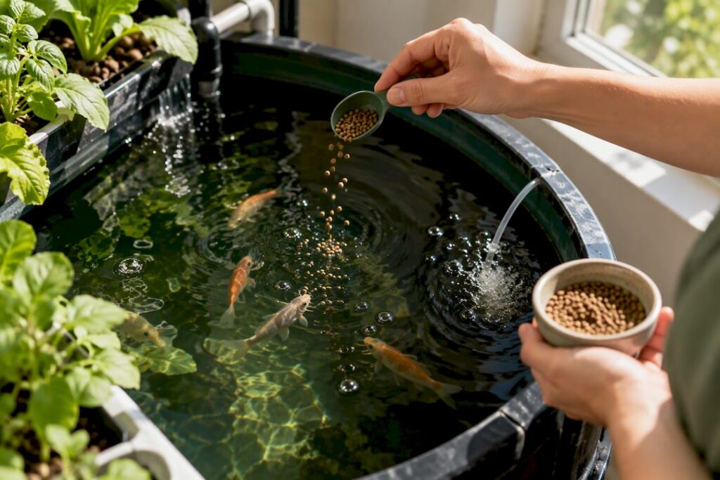 Hand feeding fish in home aquaponics tank