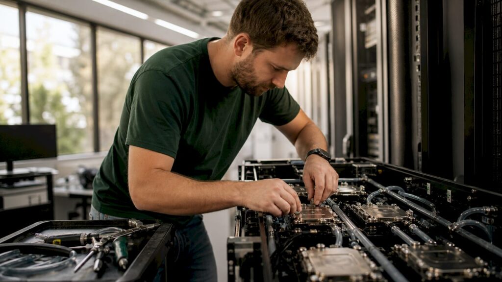 Technician installing liquid cooling on server CPUs