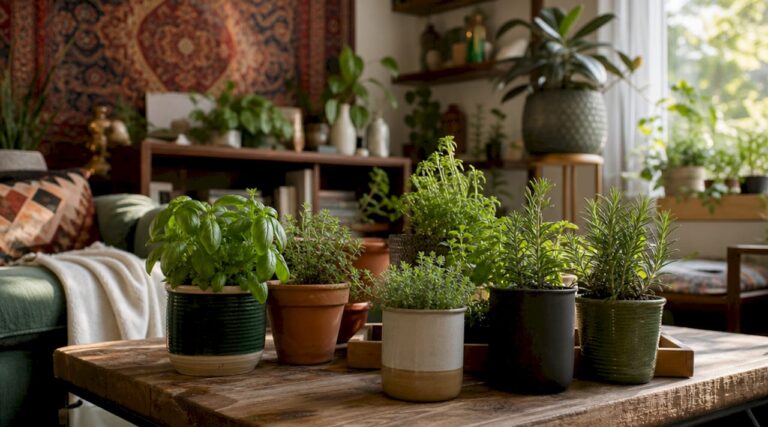 Small urban spaces: potted herbs in different containers on a living room table