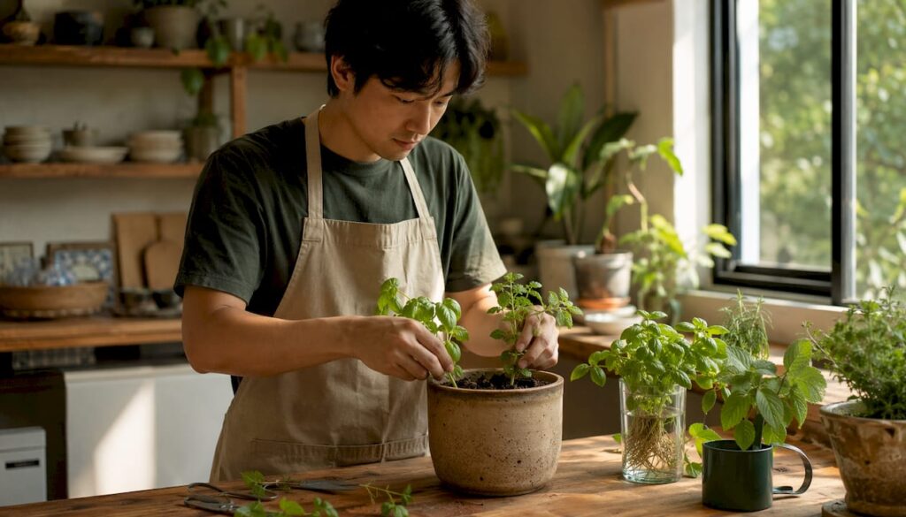Hands placing herb stem cuttings into water jar