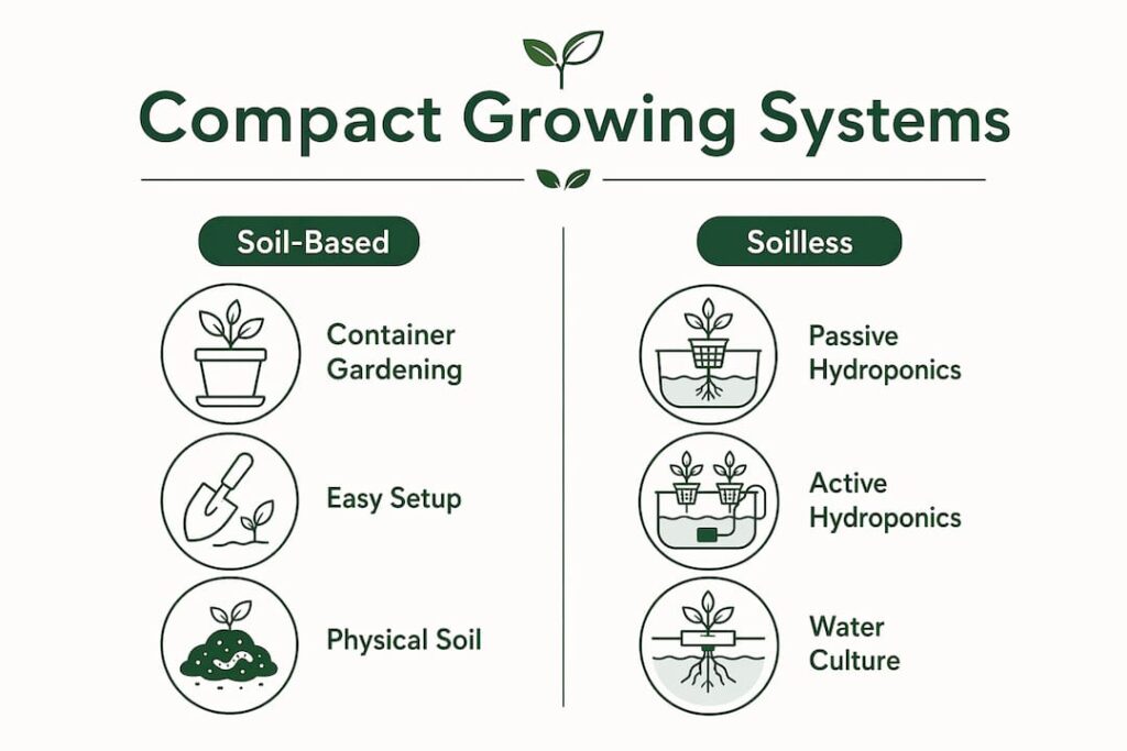 Infographic comparing soil-based and soilless compact growing systems