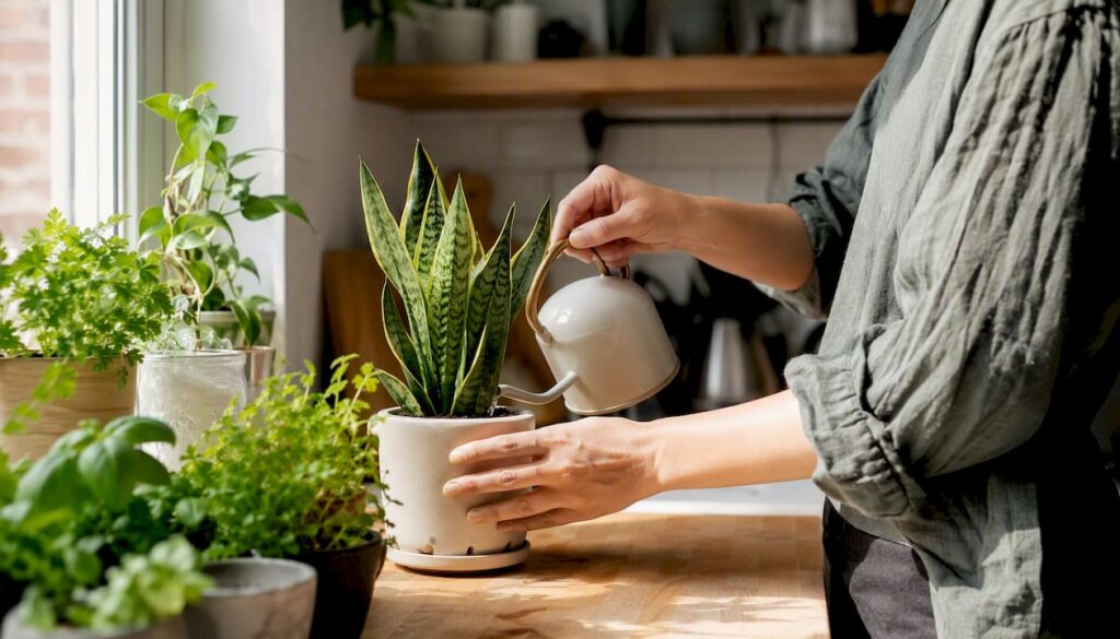 Watering a snake plant on a kitchen windowsill lined with herbs and pothos, one of the easiest plants that survive neglect indoors.