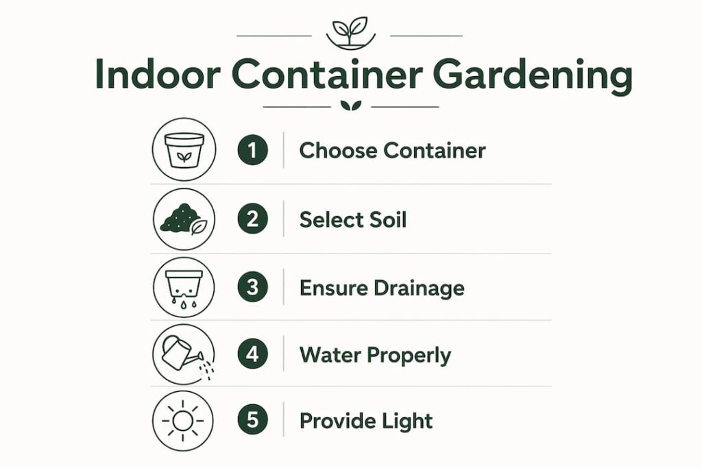 Infographic outlining steps for indoor container gardening