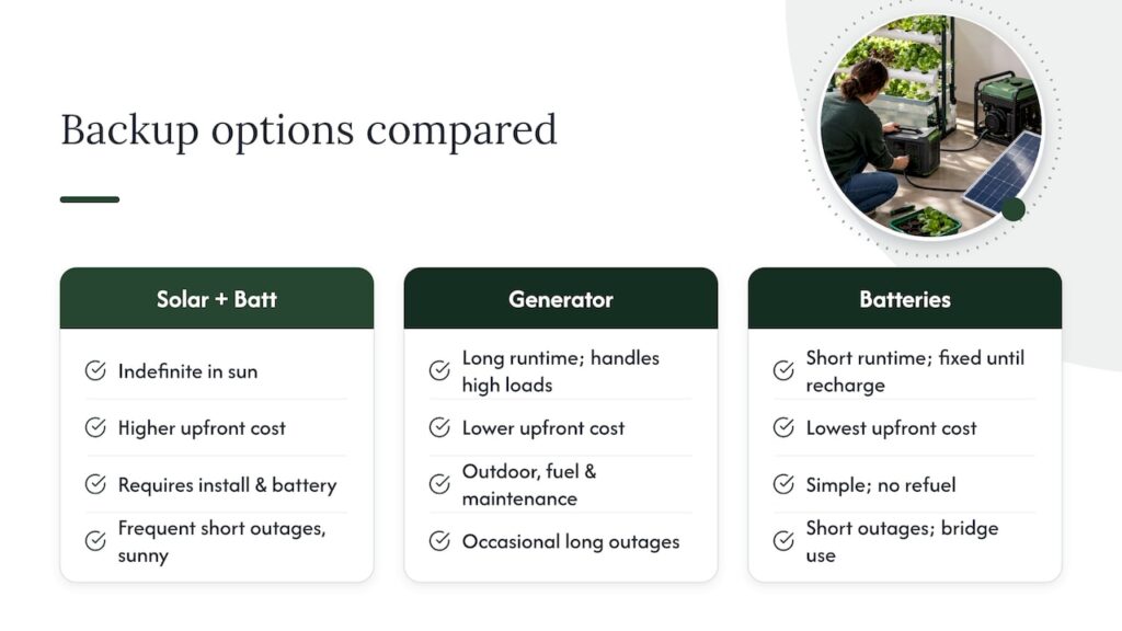 Comparison of three hydroponic backup power options