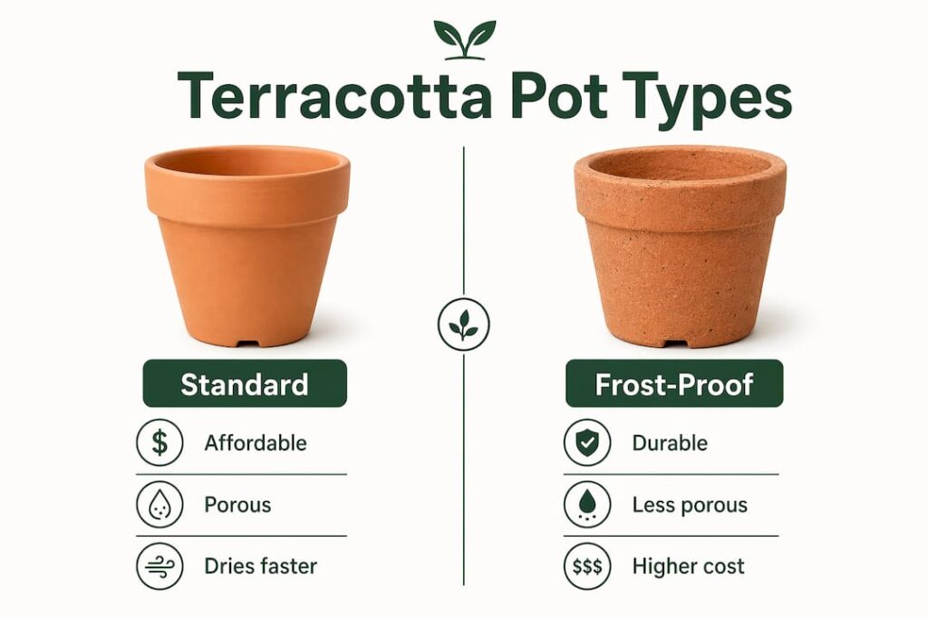 Comparison infographic of terracotta pot types standard vs frost-proof