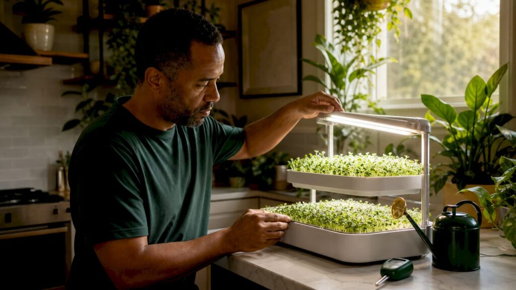 Leggy seedlings: illustrative image of a person adjusting a grow light over trays of young seedlings