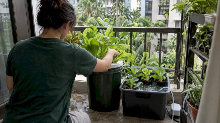 Grower tending a Kratky bucket and DWC raft of lettuce on a balcony, a compact balcony hydroponics setup