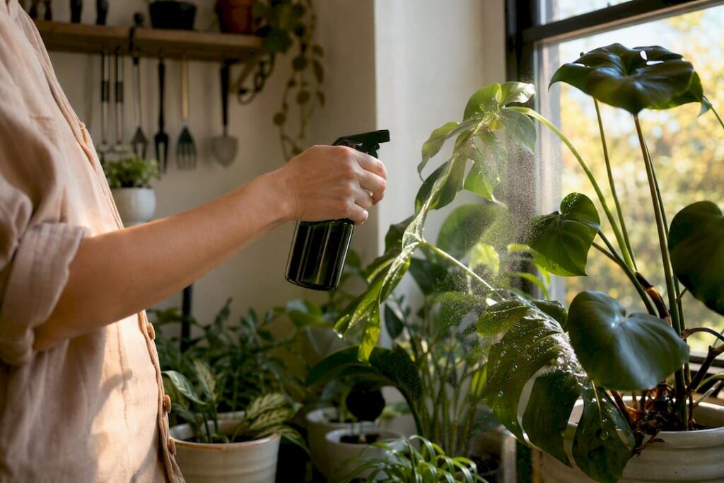 Hand spraying neem oil on plant leaves