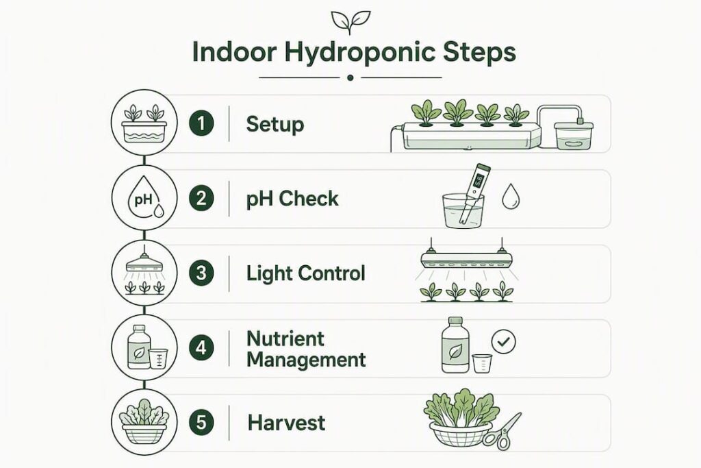 Step-by-step infographic for indoor hydroponic tropical gardening