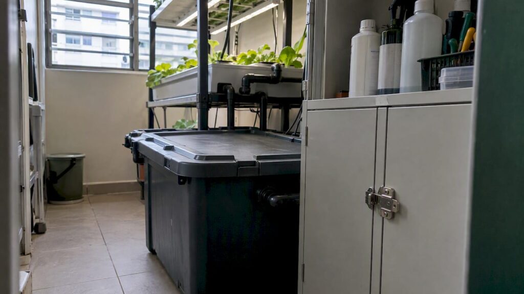 Latched cabinet beside covered hydroponic reservoir