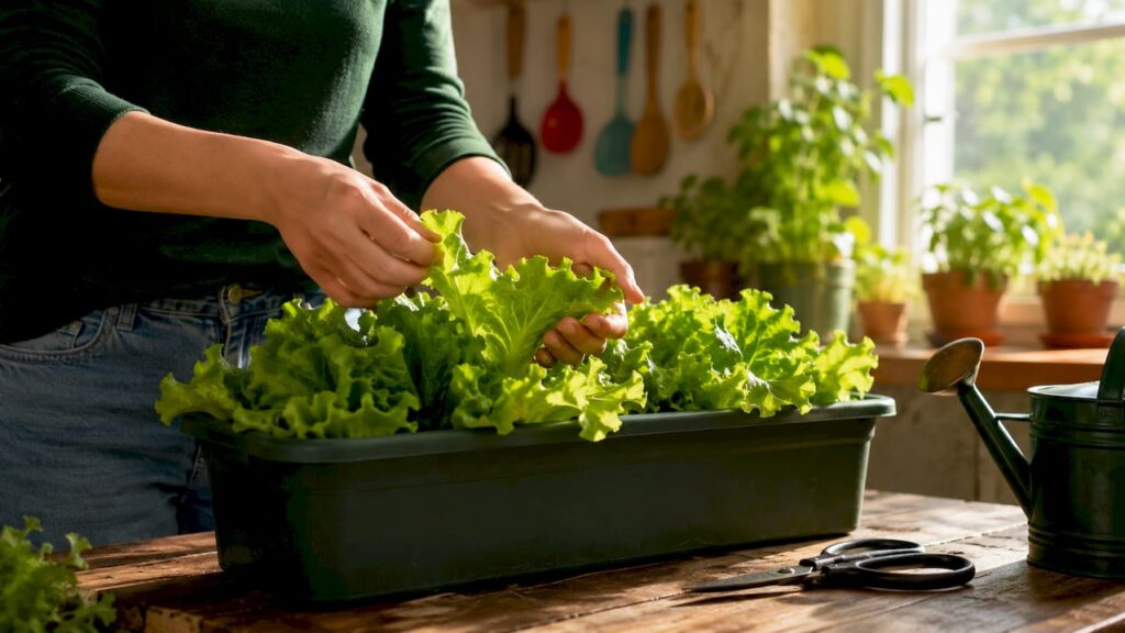 Harvesting lettuce leaves from kitchen windowsill container