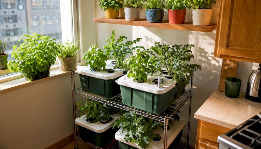 Tiered hydroponic shelves with plants grows indoors