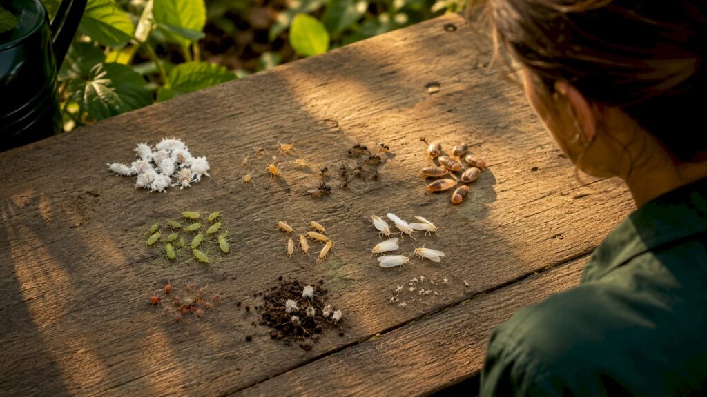 Close-up assortment of ten common plant pests