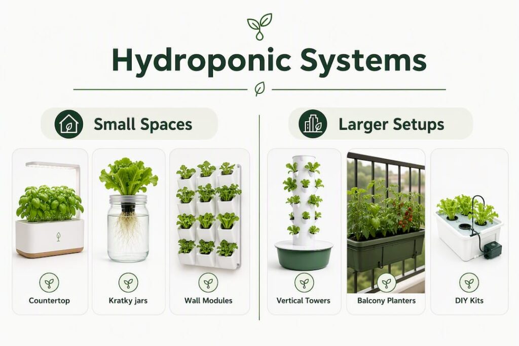 Infographic comparing hydroponic systems for home spaces