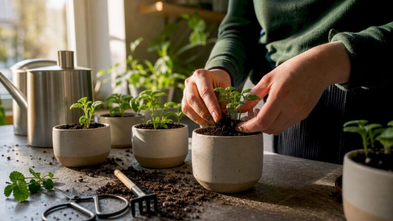 Gardening tools: close-up of hands planting seedlings into soil pots