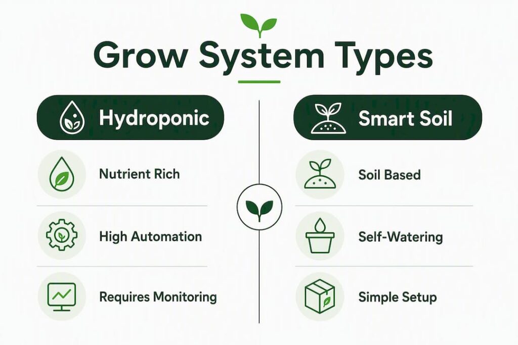 Infographic comparing hydroponic and smart soil grow systems