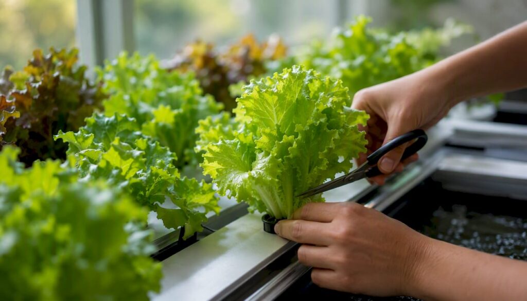 Hand cutting looseleaf lettuce in hydroponic garden