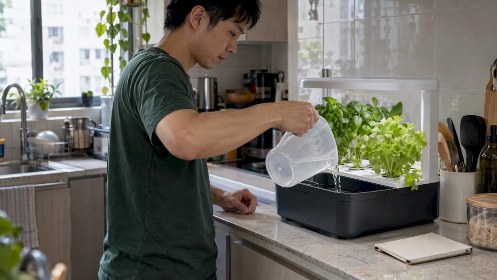 Grower pouring fresh water into a countertop hydroponic reservoir during a water change