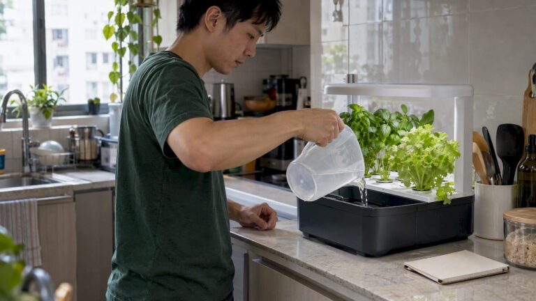 Grower pouring fresh water into a countertop hydroponic reservoir during a water change