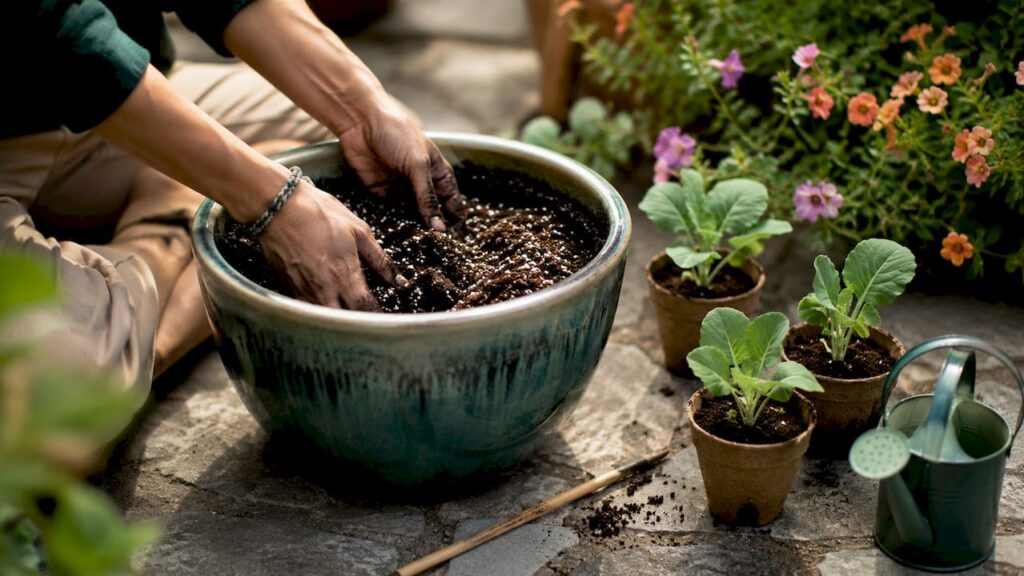 Hands mixing soil for kai lan container