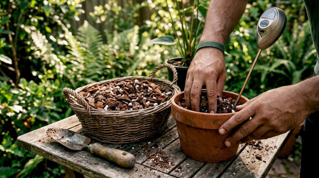 Mix soil: hands mixing potting soil components for a houseplant