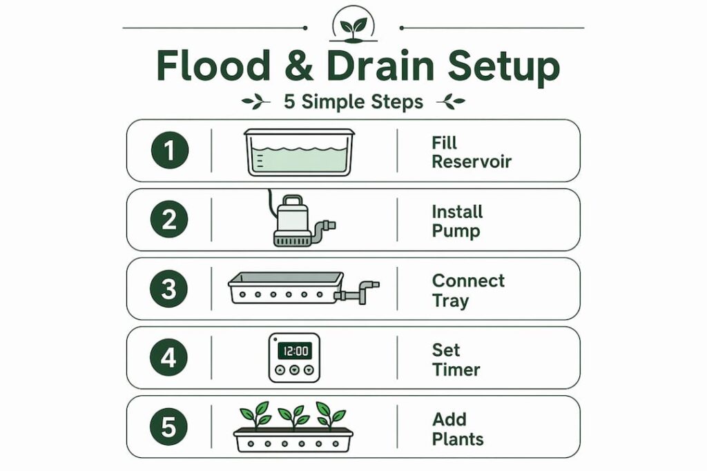 Infographic with five steps for hydroponic flood and drain setup