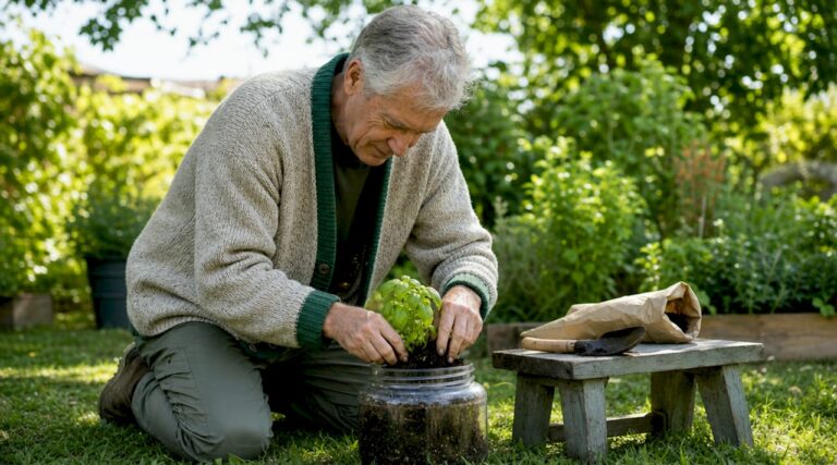Starting your first garden: hands planting basil seedlings into a jar of soil