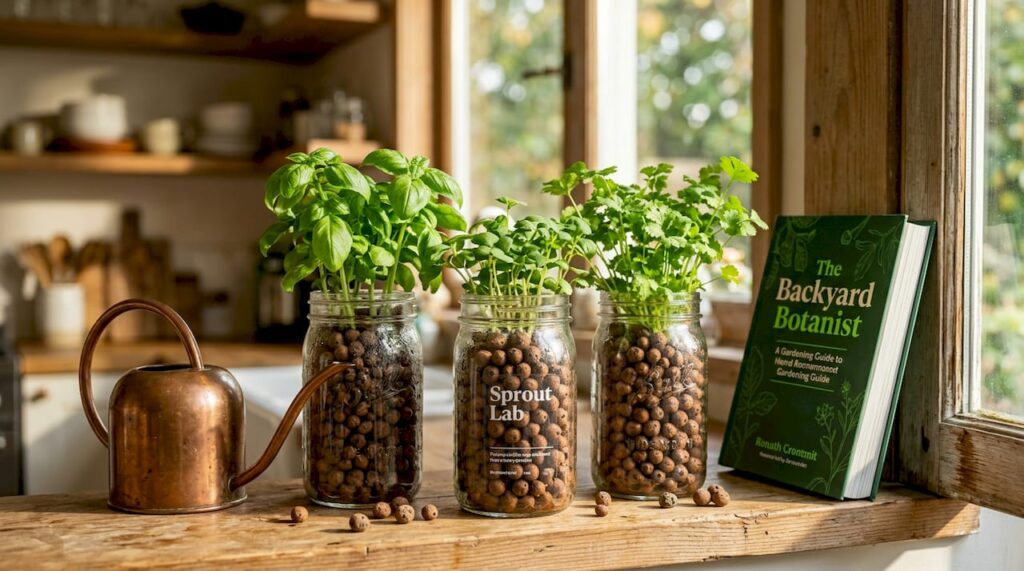 Herbs growing in LECA jars on window