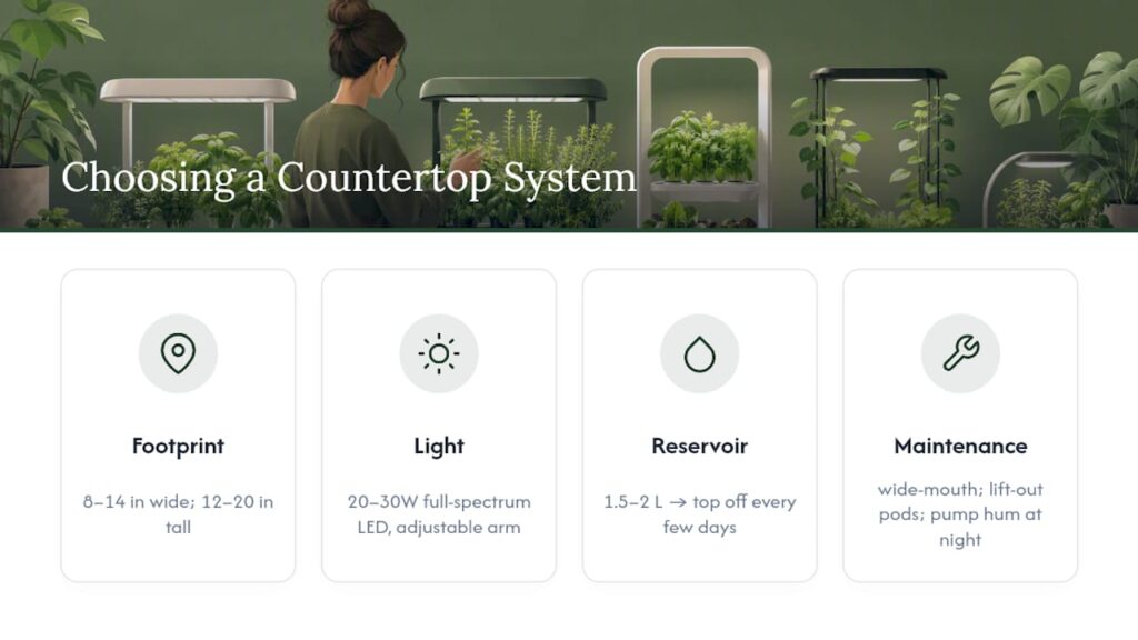 Diagram showing key selection criteria for countertop hydroponics