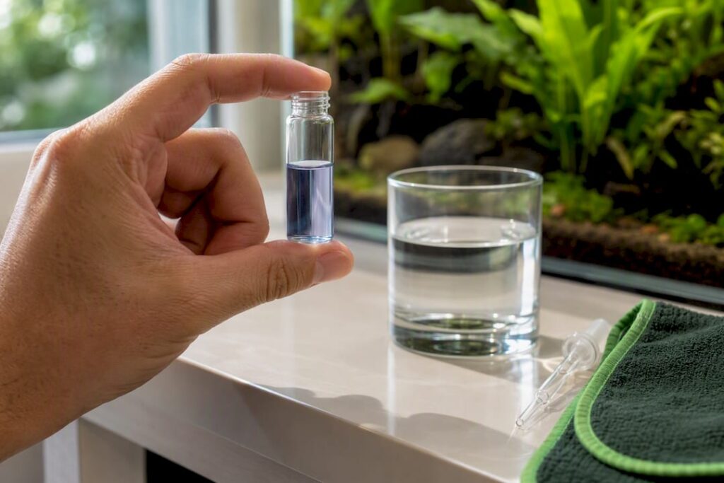 Testing treated aquarium water in a vial