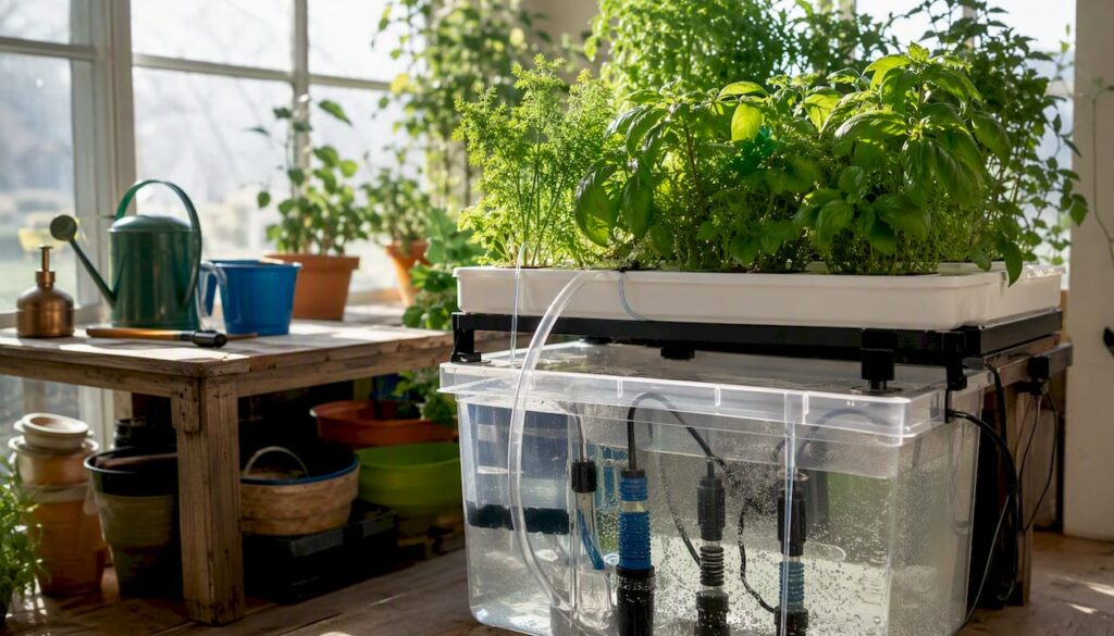 Hydroponic reservoir with sensors and leafy plants indoors