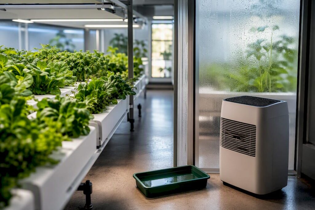 Dehumidifier beside crops in humid grow room