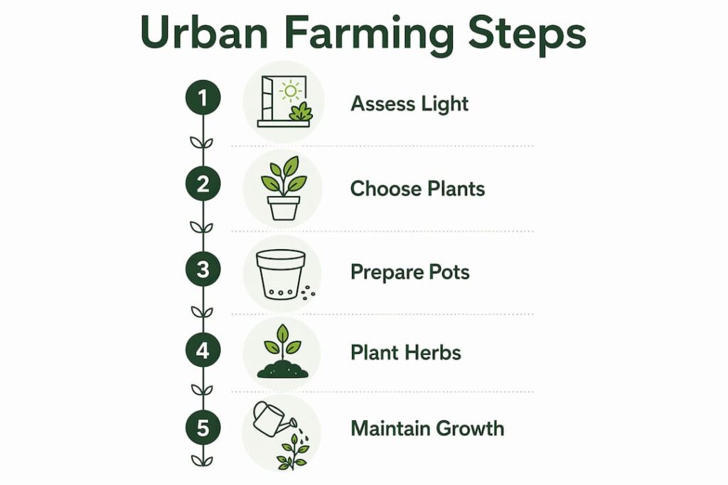 Infographic illustrating beginner urban farming steps in Singapore