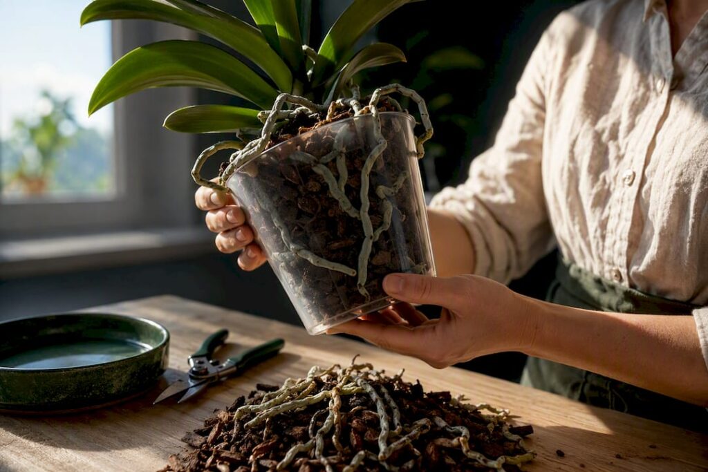 Root rot: illustrative image of a gardener inspecting plant roots beside a pile of bark