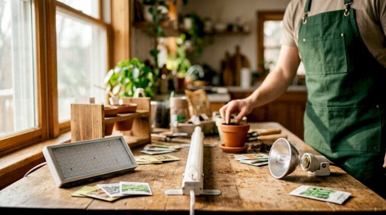 Indoor garden: different types of grow lights on a table beside a window