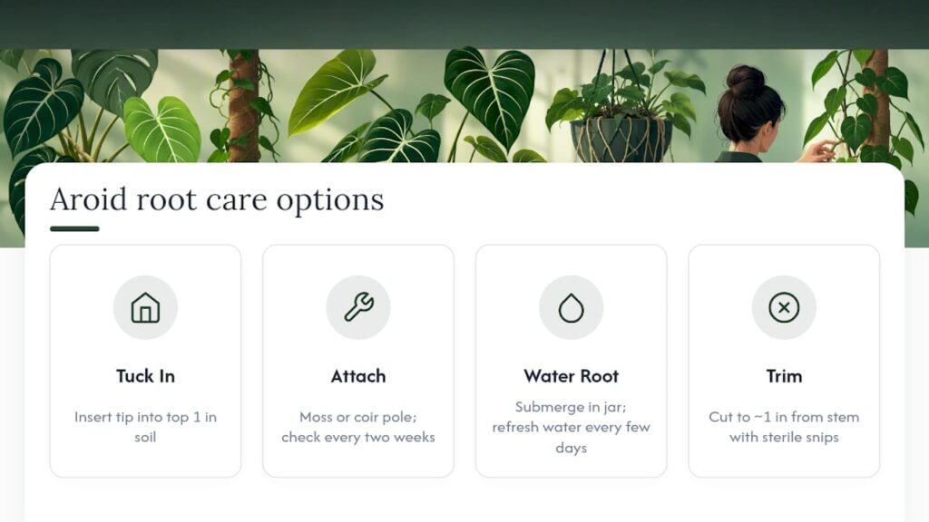 Diagram comparing four aroid aerial root care methods