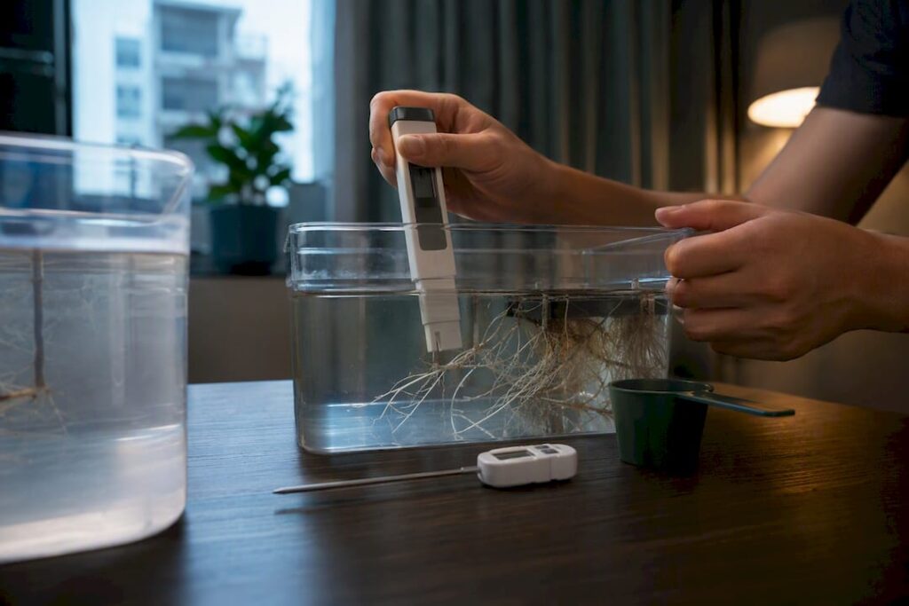 Grower measuring pH with a digital meter in a hydroponic reservoir with visible roots, staying within the hydroponic pH range.