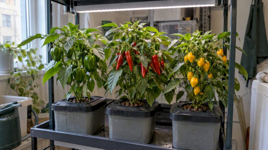 Different pepper varieties growing indoors