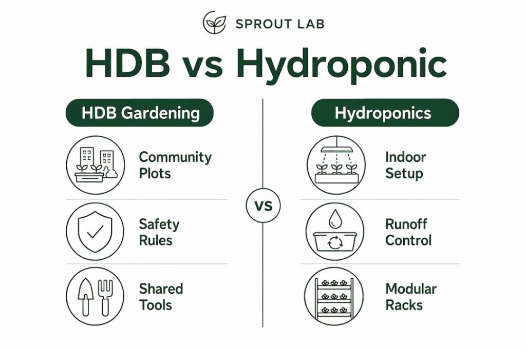 Infographic comparing HDB gardening with indoor hydroponic gardening