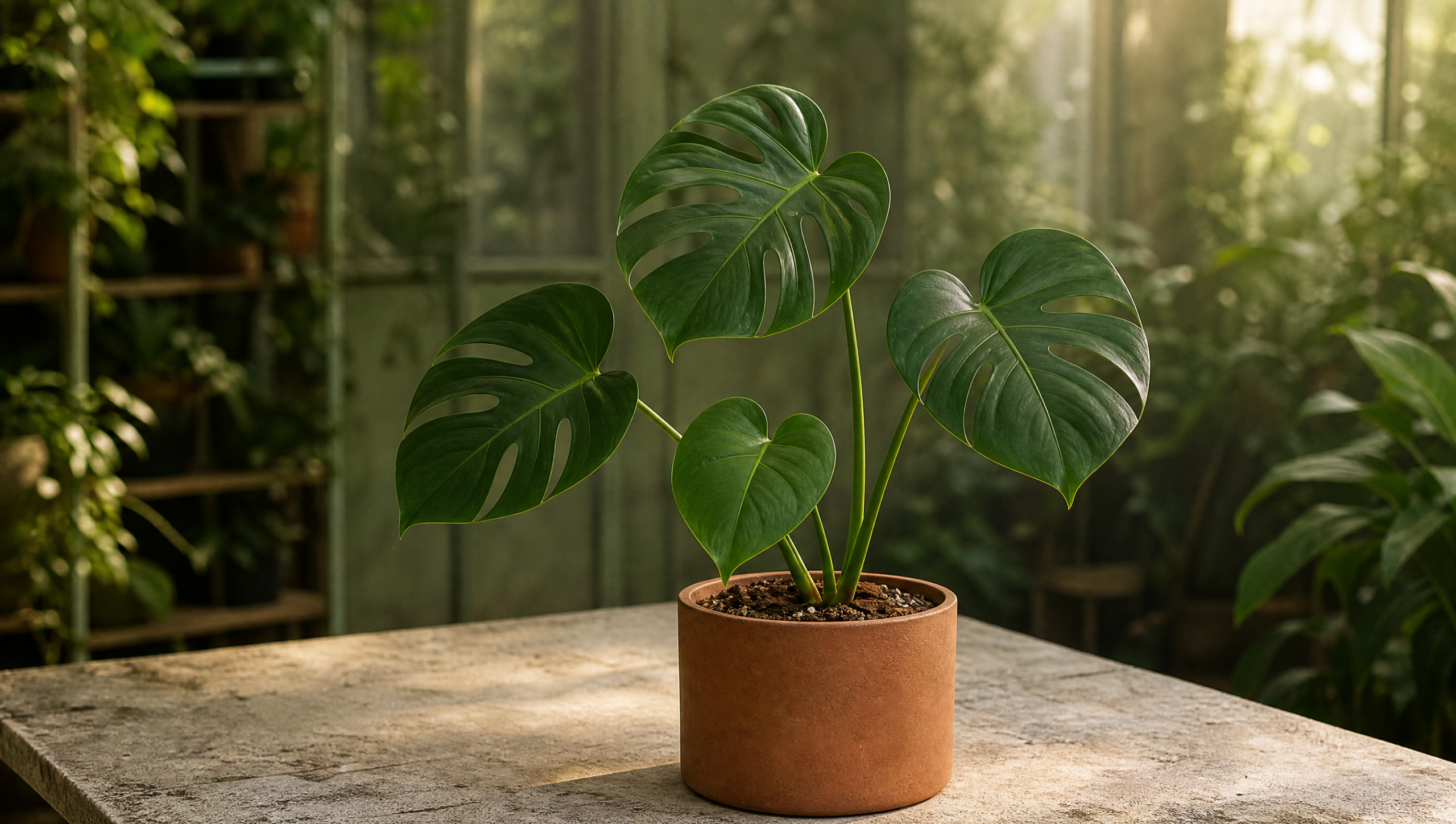 Healthy monstera in a terracotta pot in a sunlit indoor growing space